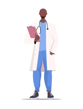 Beyaz doktor üniforması giymiş, genç, modern bir Afrikalı Amerikalı erkek doktor elinde bir klasör tutuyor. Profesyonel tıp uzmanı, uzman işçi. Vektör illüstrasyonu Yapay Zeka oluşturulmadı