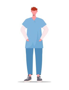 Mavi üniformalı tıbbi personel beyaz arka planda izole edilmiş. Çizgi film erkek hemşiresi. Tıbbi ve sağlık hizmetleri konsepti. Vektör illüstrasyonu Yapay Zeka oluşturulmadı