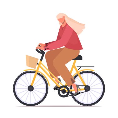 Beyaz arka planda bisiklet süren günlük kıyafetli genç bir kadın. Ekolojik ulaşım aracı. Yapay zeka olmayan vektör oluşturuldu