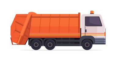 Turuncu çöp kamyonu beyaz arka planda izole edilmiş. Modern şehir temizliği ve atık yönetimi kavramı. Vektör illüstrasyonu Yapay Zeka oluşturulmadı