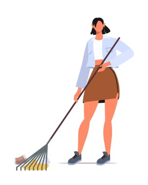 Beyaz arka planda izole edilmiş çöp toplayan bir kadın. Çevre koruma. Yapay zeka olmayan vektör oluşturuldu