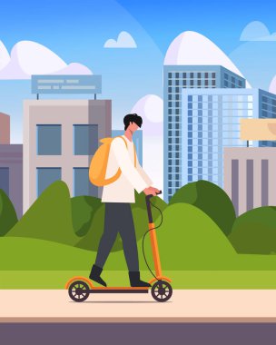 Genç bir adam elektrikli scooterla sokaklarda geziniyor. Kentsel taşıma için çevre dostu kişisel ulaşım. Yapay zeka olmayan vektör oluşturuldu