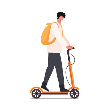 Adam scooter 'a biniyor. Şehir için yeşil araç. Sürdürülebilir hareketlilik çözümü olan modern şehir yaşam tarzı. Yapay zeka olmayan vektör oluşturuldu