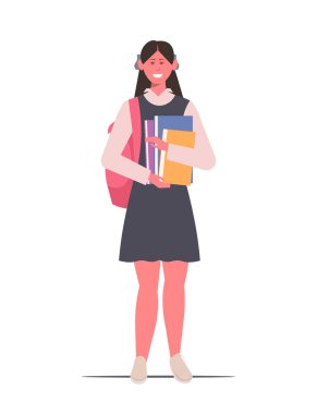 Liseli kızın elinde beyaz arka plan üzerine kitaplar ve kitaplar var. Okul üniformalı, pembe sırt çantalı genç bir kız. Okul ve eğitim kavramı. Yapay zeka olmayan vektör oluşturur