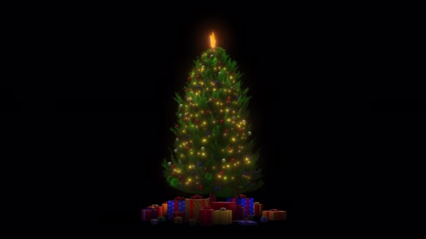 Χριστουγεννιάτικο Δέντρο Φώτα Στολίδια Και Δώρα Φώτα Ανάβουν Περιστρέφεται Ένα — Αρχείο Βίντεο