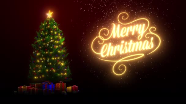 Καλά Χριστούγεννα Κείμενο Animation Χιόνι Δίπλα Ένα Χριστουγεννιάτικο Δέντρο Φώτα — Αρχείο Βίντεο