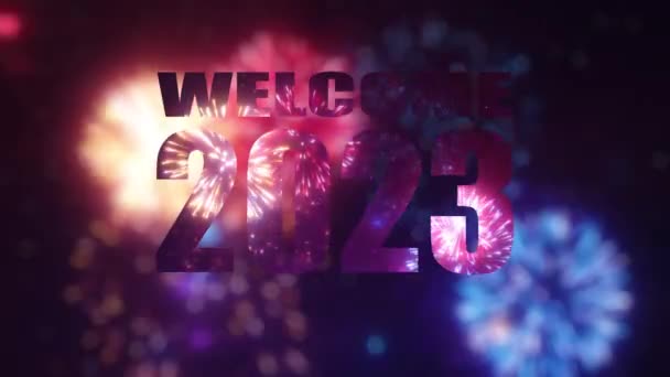 ようこそ2023美しい花火大会でメッセージ お祝い事やパーティーのための新年の挨拶ビデオ — ストック動画