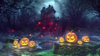 Ürkütücü bir ormanda Jack-O-Lantern Pumpkins 'in yandığı Korkunç Ev. Cadılar Bayramı için 4K Arkaplan Canlandırması