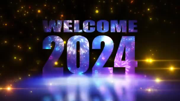 ようこそ花火と光粒子との2024挨拶メッセージアニメーション 新年のお祝いイベントやパーティーの背景映像 — ストック動画
