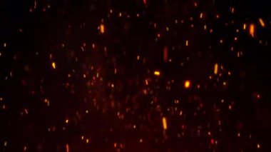 4k Uçan Ember Yangından Kıvılcımlar. Ateşli Turuncu Şenlik Ateşi Parçacıkları Siyah Arkaplanda. Bir kaplama, arkaplan ya da geçiş ögesi olarak kullanmak için ideal.