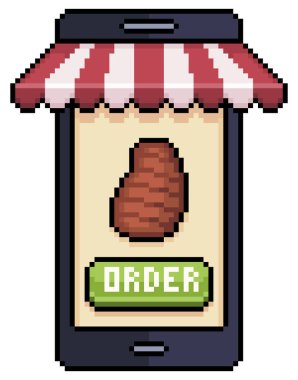 Beyaz zemin üzerinde 8bit oyun için yiyecek uygulaması vektör simgesinde et sipariş eden pikselli sanat cep telefonu