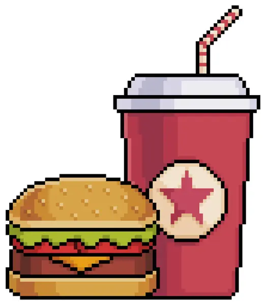 Pixel art burger and soda, fast food vector icon for 8bit game on white background