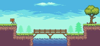 Ağaç, göl, köprü, çit, tahta ve bulutlarla pikselli oyun sahnesi 8 bit vektör arkaplan