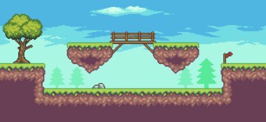 Yüzen platform, ağaçlar, köprü ve bulutlar ile pikselli oyun sahnesi 8bit arkaplan