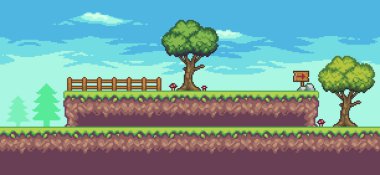 Ağaçlı, çitli ve bulutlu pikselli oyun sahnesi 8 bit vektör arkaplan