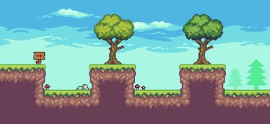 Ağaçlı, tahta tahtalı ve bulutlu pikselli oyun sahnesi 8 bit vektör arkaplan