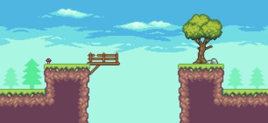 Ağaç, köprü, çit ve bulutlu 8 bit vektör arkaplanlı pikselli oyun sahnesi