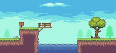 Ağaç, göl, köprü, ahşap tahta ve bulutlarla pikselli oyun sahnesi 8 bit vektör arkaplan
