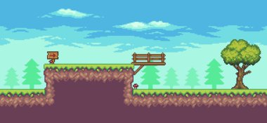 Ağaç, köprü, tahta tahta ve bulutlu 8 bit vektör arkaplanlı pikselli oyun sahnesi