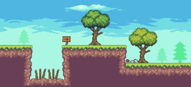 Ağaç, tuzak, tahta ve bulutlarla pikselli oyun sahnesi 8 bit vektör arkaplan