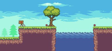 Ağaçlı, göllü, bulutlu 8bit arkaplanlı pikselli oyun sahnesi