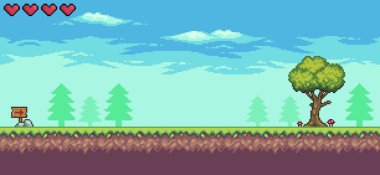 Yaşam çubuğu, ağaçlar, tahta ve bulutlarla pikselli oyun sahnesi 8bit arkaplan