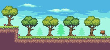 Ağaçlı, tahta tahtalı ve bulutlu 8bit vektör arkaplanlı pikselli oyun sahnesi