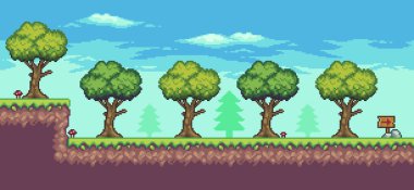 Pixel art arcade game scene with tree, wooden board, and clouds 8bit vector background clipart