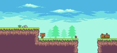 Pixel art arcade game scene with trees, trunk, board, stones and clouds 8bit background clipart