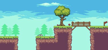 Ağaçlar, köprü, bulutlar ve taşlarla pikselli oyun sahnesi 8bit arkaplan