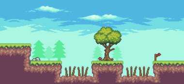 Ağaçlar, dikenler, bulutlar, taşlar ve 8bit arkaplanlı pikselli oyun sahnesi