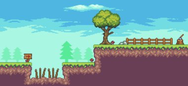 Ağaçlar, çitler, dikenler, bulutlar, taşlar ve 8bit arkaplanlı pikseller.