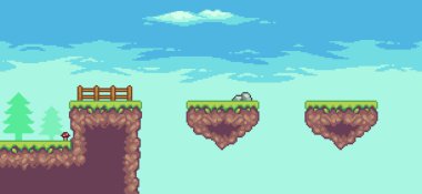 Yüzen platform, ağaçlar, çitler, bulutlar ve 8bit arkaplanlı pikseller.