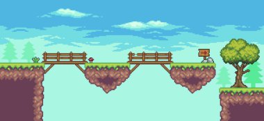 Yüzen platform, köprü, ağaçlar, bulutlar ve bayrak 8bit ile pikselli oyun sahnesi