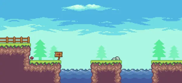Ağaç, göl, tahta, çit ve bulutlarla pikselli oyun sahnesi 8 bit vektör arkaplan