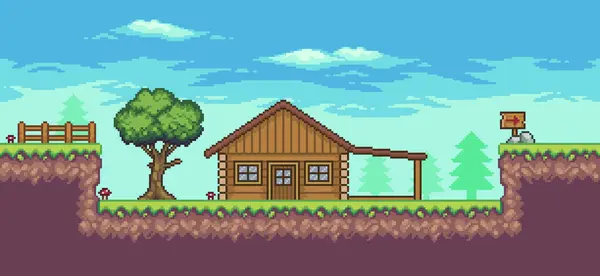 Ev, ağaçlar, tahta, çit ve bulutlarla pikselli oyun sahnesi 8 bit vektör arkaplan