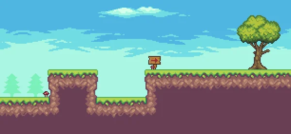 Ağaçlı, tahta tahtalı ve bulutlu pikselli oyun sahnesi 8 bit vektör arkaplan