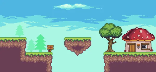 Ağaç, yüzen ada, ev ve bulutlarla pikselli oyun sahnesi 8 bit vektör arkaplan