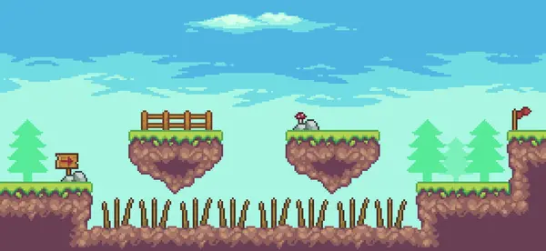 Yüzen platform, ağaçlar, bulutlar ve bayrak 8bit ile pikselli oyun sahnesi