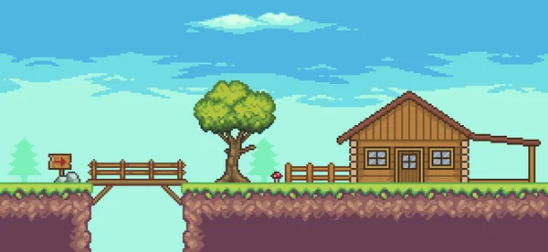 Ahşap ev, ağaçlar, çitler, köprü ve bulutlarla pikselli oyun sahnesi