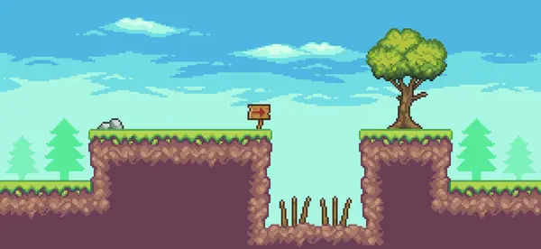 Ağaçlı, panelli, tuzaklı ve bulutlu pikselli oyun sahnesi