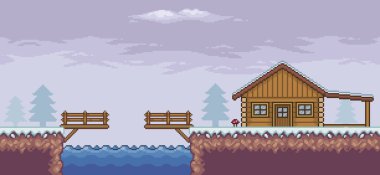 Çam ağaçları, donmuş göl, bulutlar, işaret eden ok 8 bit arkaplanlı pikselli resim oyunu sahnesi