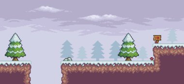 Çam ağaçları, donmuş göl, bulutlar, işaret eden ok 8 bit arkaplanlı pikselli resim oyunu sahnesi