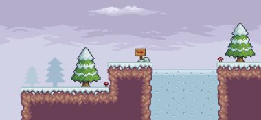 Çam ağaçları, donmuş göl, bulutlar, işaret eden ok 8 bit arkaplanlı pikselli resim oyunu sahnesi
