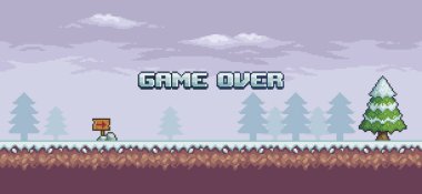 Pikselli sanat eseri kar yağışı 8bit oyun. Çimenlerle, ağaçlarla ve bulutlarla oyun bitti