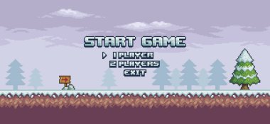 Piksel resim 8bit oyun ev ekranı. Peyzaj kar başlangıç oyunu menüsü arkaplanı