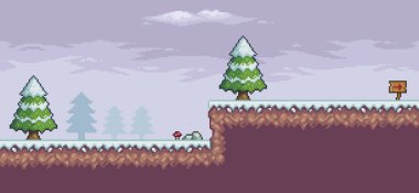 Çam ağaçları, bulutlar ve 8bit arkaplanlı pikselli sanat oyunu sahnesi