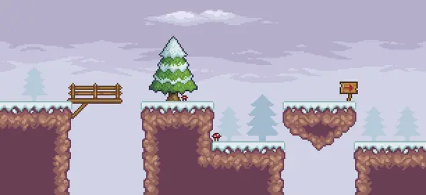 Çam ağaçları, donmuş göl, bulutlar, işaret eden ok 8 bit arkaplanlı pikselli resim oyunu sahnesi