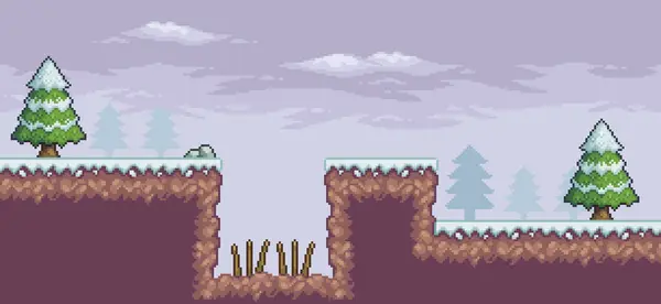 Çam ağaçları, donmuş göl, bulutlar, işaret eden ok 8 bit arkaplanlı pikselli resim oyunu sahnesi