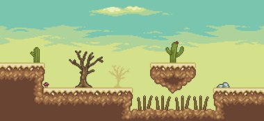 Pikselli çöl oyunu sahnesi, tuzak, kaktüsler, yüzen ada, 8bit arkaplan